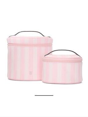 Victoria's Secret Pink Striped Cosmetic Storage Case Set Of 2 Makeup Bags